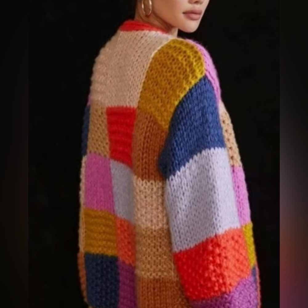 Anthropologie Entro Patchwork Knit Cardigan - Chunky Cozy Sweater - Size S - Picture 4 of 10